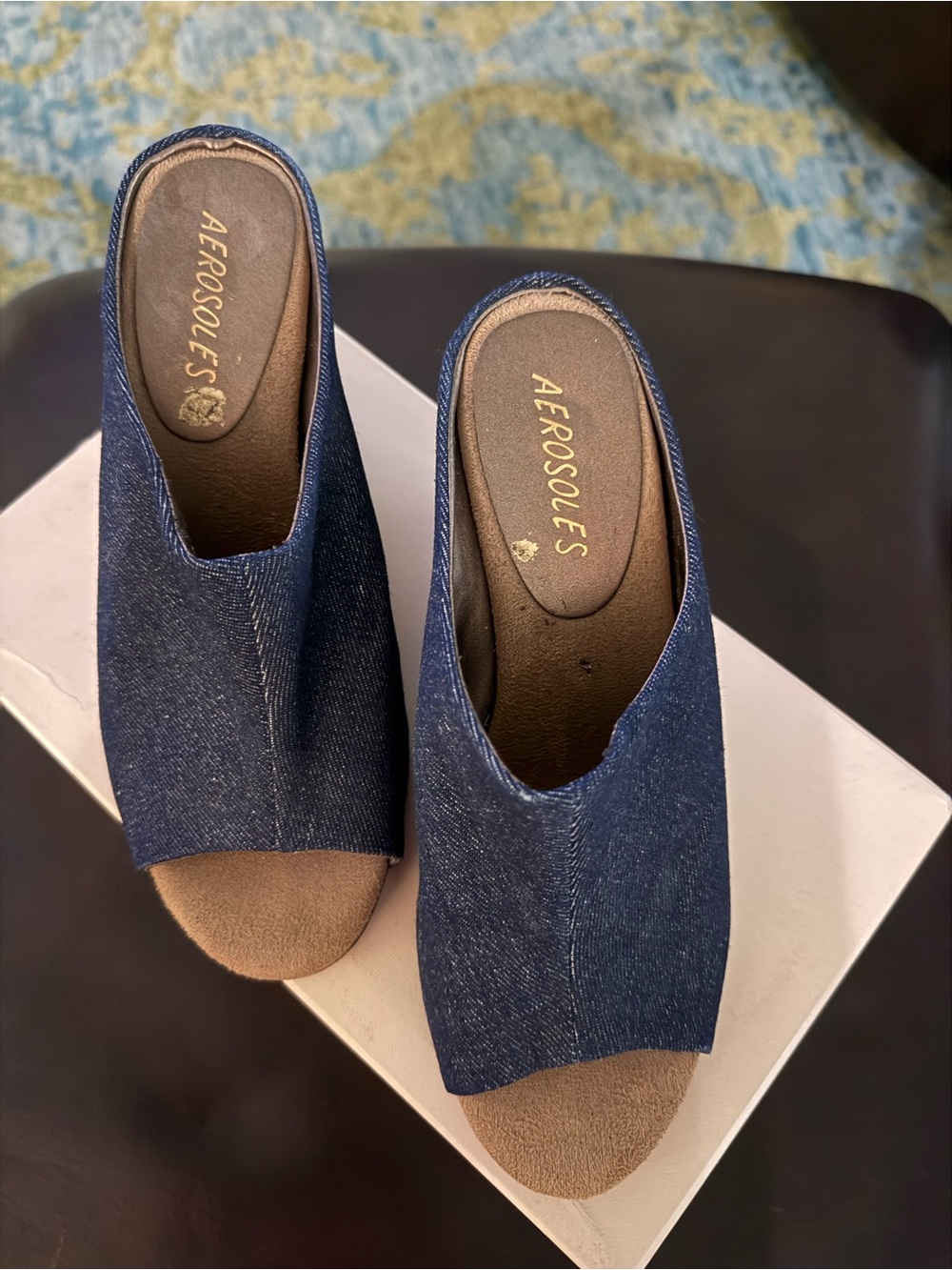 AEROSOLES Denim Blue Open-Toe Slide Mules